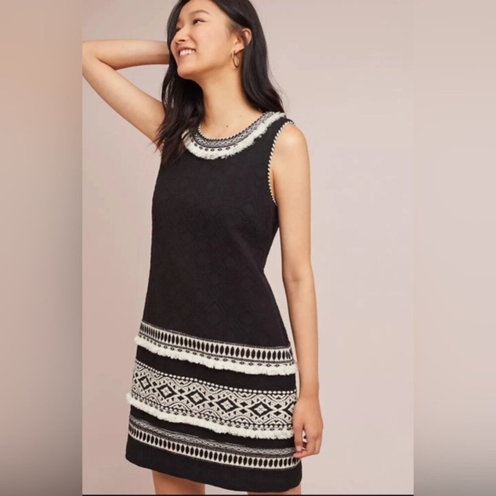 Anthropologie‎ Meadow Rue Arctic Dress Womens LG Black Embroidery Thick Woven